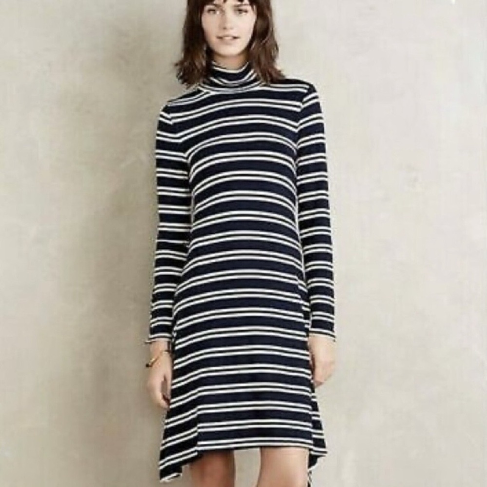 Anthropologie. Maeve Navy/White Striped Turtleneck Long Sleeve Swing Dress. XS